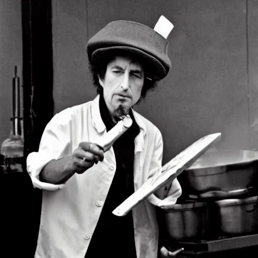 Prompt: bob dylan wearing a chef hat, flipping a pizza in the air