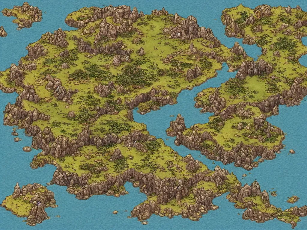 Prompt: an isometric fantasy map of an island, the land of Odrua, uncluttered, bordered by ocean, continent with open plains, deserts, fields, mountains lakes hills and cities, forests, ice caps, rivers, swamps, grasslands, by brian froud by jrr tolkien in the dungeons and dragons and disney styles