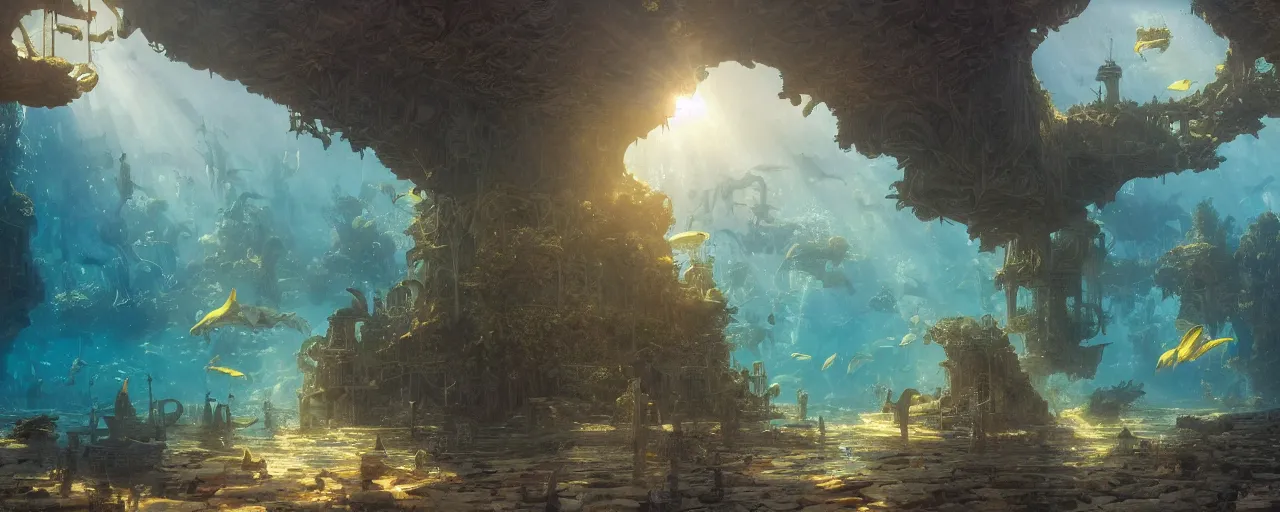 Image similar to a scenic landscaping view of the lost and abandoned city of Atlantic under water, ray of sunlight, mermaids in distance, Greg Rutkowski, Moebius, Mohrbacher, Mucha, blue and gold color scheme, ultra wide angle, light effect