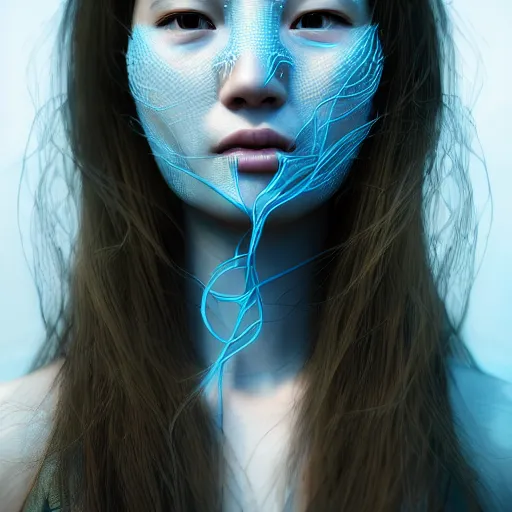 Prompt: intricate highly detailed face portrait of asian - european woman, light blue plastic vines on her face, intricate, cgsociety, unreal engine, octane render, sharp focus, smooth, volumetric lighting, cinematic composition, artstation