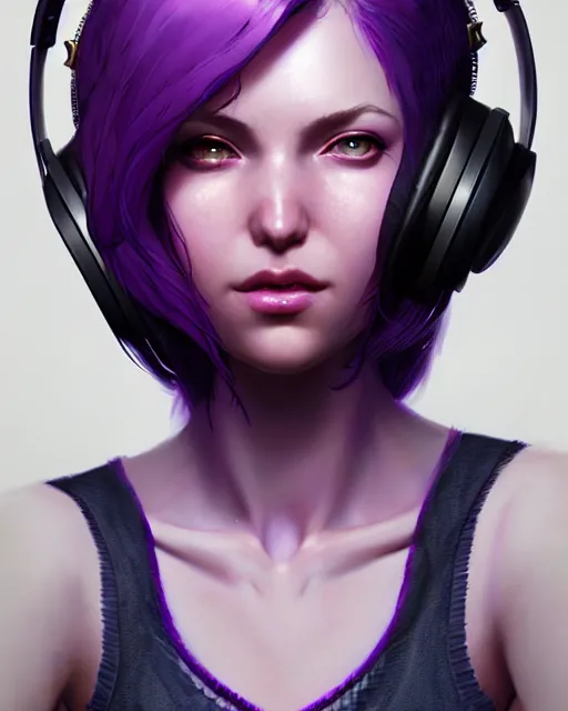 Image similar to stunningly beautiful purple haired female with headphones at home studio streaming games late at night, very detailed, 4 k, concept art like ernest khalimov, intricate details, highly detailed by greg rutkowski, ilya kuvshinov, gaston bussiere, craig mullins, simon bisley, backlit