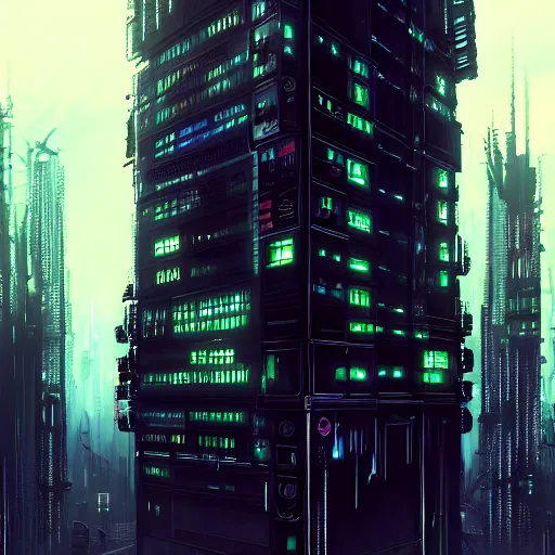 Image similar to Fully dark cyberpunk city with one building in the middle with only one window shining in style of Tsutomu Nihei. ArtStation, Cyberpunk, Vertical Symmetry, 8K, Highly Detailed, Intricate, Album Art.