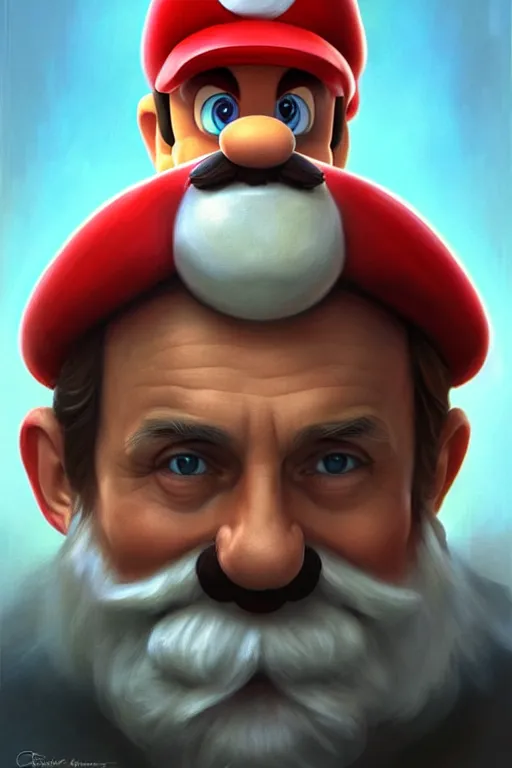 Image similar to vladimir putin as mario from super mario bros, realistic portrait, symmetrical, highly detailed, digital painting, artstation, concept art, smooth, sharp focus, illustration, cinematic lighting, art by artgerm and greg rutkowski and alphonse mucha