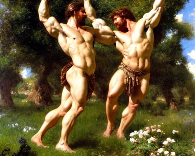 Prompt: muscular hercules and muscular achilles frolic in a meadow of beautiful flowers, large topiary and marble pillars in the background, painting by gaston bussiere, craig mullins, j. c. leyendecker, tom of finland