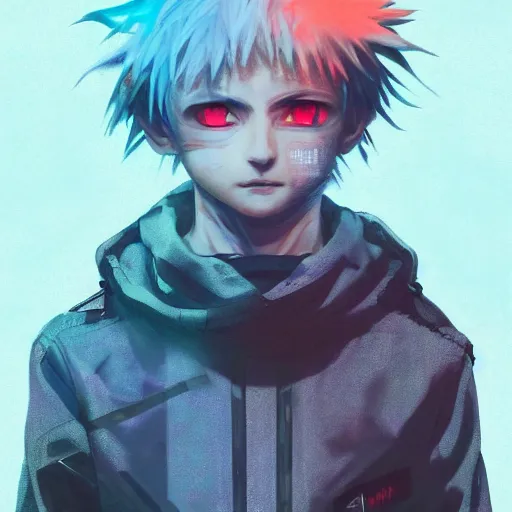 Image similar to killua zoldyck, edgy streetwear, techwear, cyberpunk style outfit, scifi, blue side lighting, detailed portrait, intricate complexity, by greg rutkowski, ross tran, conrad roset, takato yomamoto, ilya kuvshinov. 4 k, beautiful, aesthetic octane render, cinematic dramatic atmosphere