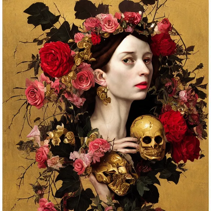 Image similar to portrait of a woman with a golden skull mask on face, a wreath of thorns, a dress of bones and roses, horns, snakes, smoke, flames, full-length, oil painting in a renaissance style , very detailed, red background, painted by Caravaggio, Greg rutkowski, Sachin Teng, Thomas Kindkade, Alphonse Mucha, Norman Rockwell, Tom Bagshaw.