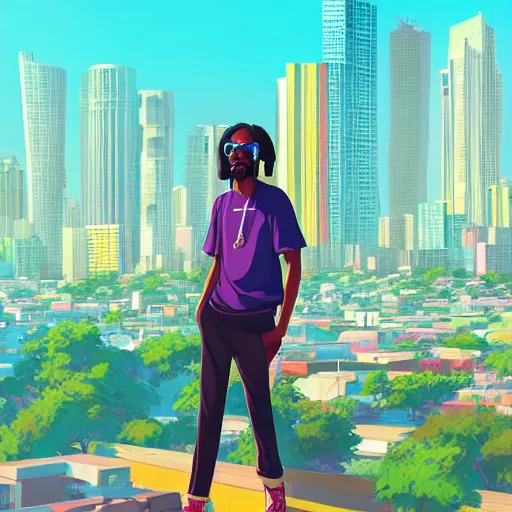 Image similar to ⁠portrait of Snoop Dogg , Karachi skyline background, rich vivid colors, ambient lighting, dynamic lighting, 4k, HQ, official media, anime key visual, makoto shinkai, ilya kuvshinov, lois van baarle, rossdraws, detailed, trending on artstation