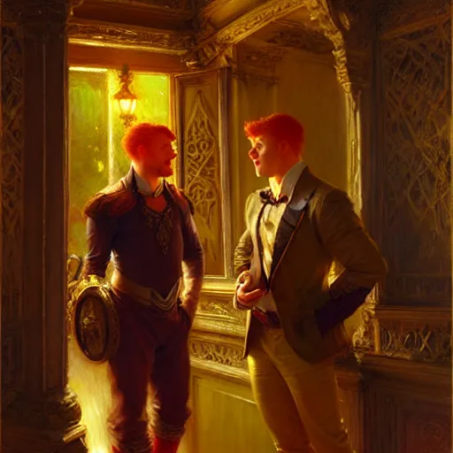 Image similar to attractive male mike with ginger hair and attractive male tyler with brunet hair, drinking their hearts out, in their noble mansion, at night. highly detailed painting by gaston bussiere, craig mullins, donato giancola, j. c. leyendecker 8 k