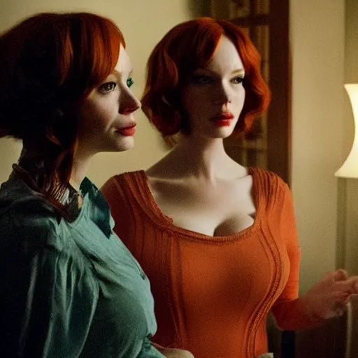 Image similar to a very surprised beautiful Christina Hendricks and her twin sister in the living room, film still from the movie directed by Denis Villeneuve with art direction by Salvador Dalí, wide lens