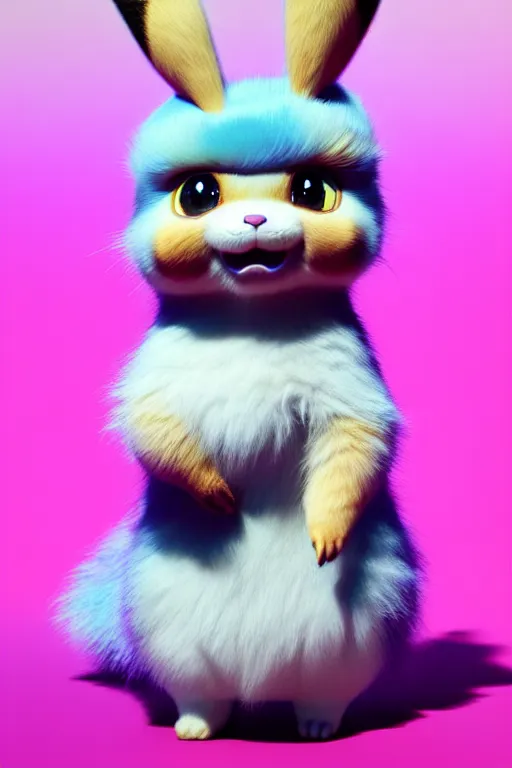 Image similar to high quality 3 d render hyperrealist very cute multicolor stripped fluffy! doe cat hybrid highly detailed, vray smooth, in the style of detective pikachu, hannah yata charlie immer, dramatic pink light, low angle, uhd 8 k, sharp focus