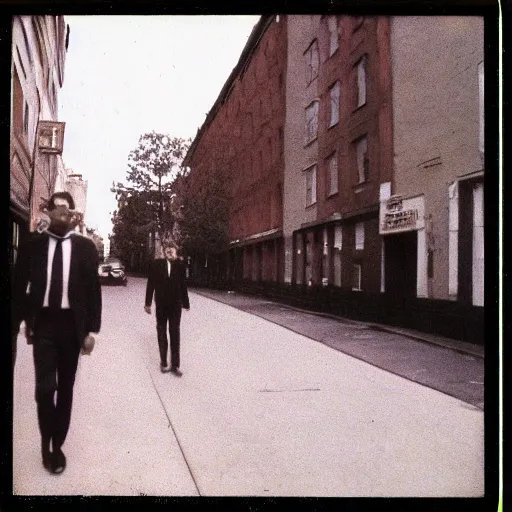 Prompt: wide-shot low angle of empty formal suits walking down the Night Vale street, polaroid photo, by Andy Warhol