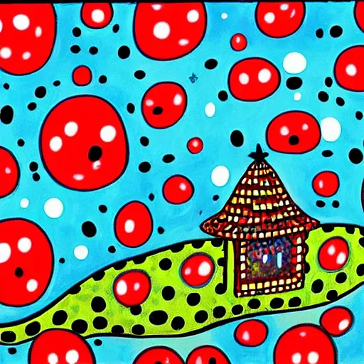 Image similar to A very long dog like a snake chasing its own tail while spinning, suburbian house at the background. in the art style of Yayoi Kusama