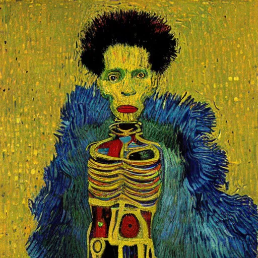 Prompt: artificial intelligence , Robots, nature, humane, painting by van Gogh klimt Jean-Michel Basquiat