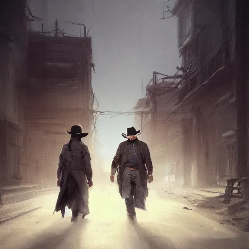 Image similar to portrait of a man with a long duster, grey hair and a cowboy hat walking in an old west town, harsh good looking face, middle aged, drawn by Ruan Jia, disco elysium style, fantasy art, dramatic lighting, digital art, 8k, highly detailed