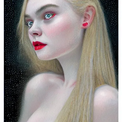 Image similar to Painting of Elle Fanning as a vampire, long blonde hair, delicate, pale milky white porcelain skin, pointillism. 8K. Extremely detailed.