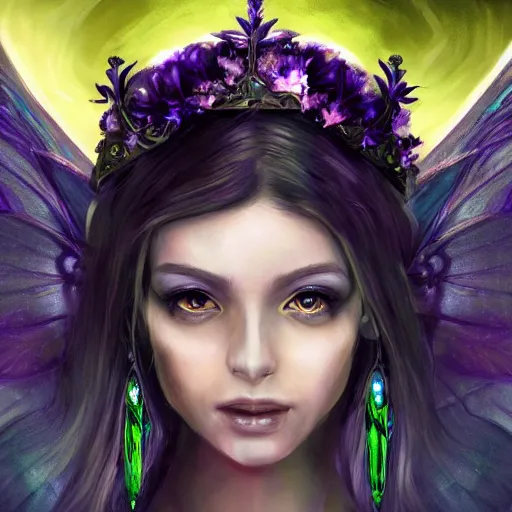 Image similar to detailed portrait of a dark fairy queen with wings, crown, pixie, iris, realism, emerald, galaxy, sapphire,dark purple crown,leaves, moonlit, dark fantasy, dramatic lighting, cgsociety, artstation