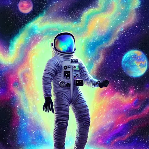 Prompt: astronaut standing infront of a nebula, illustration painting, oil on canvas, intricate, portrait, detailed illustration, hd, digital art, overdetailed art, concept art, complementing colors, detailed, illustration painting by alex gray, digital art, overdetailed art, concept art, complementing colors rendered by beeple, syd meade