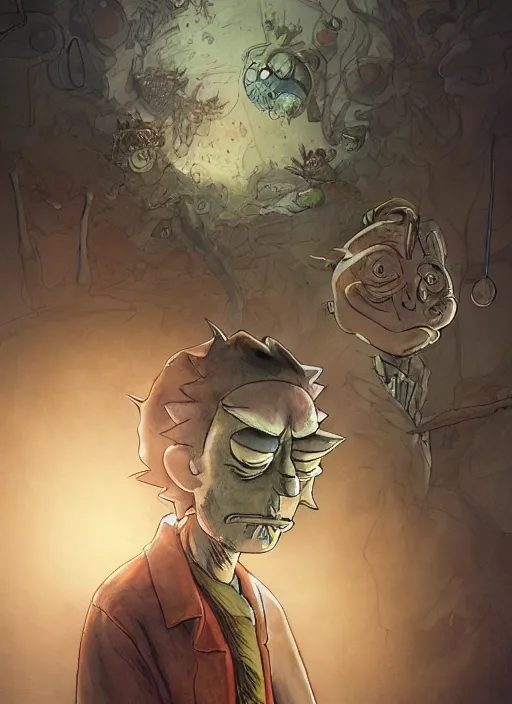 Image similar to portrait, Rick and Morty, watercolor, dramatic lighting, cinematic, establishing shot, extremly high detail, foto realistic, cinematic lighting, pen and ink, intricate line drawings, by Yoshitaka Amano, Ruan Jia, Kentaro Miura, Artgerm, post processed, concept art, artstation, matte painting, style by eddie mendoza, raphael lacoste, alex ross