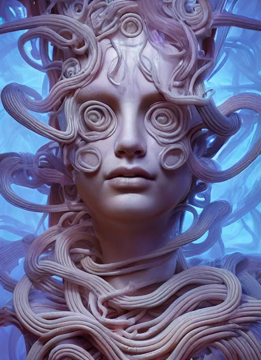 Prompt: medusa made of soft wax, wooden art nouveau swirls, strong subsurface scattering, cables, translucent tubes, subsurface scattering, in the style of ruan jia and beeple and giger, subsurface scattering, mystical colors, rim light, dramatic lighting, 8 k, stunning scene, raytracing, octane render, trending on artstation