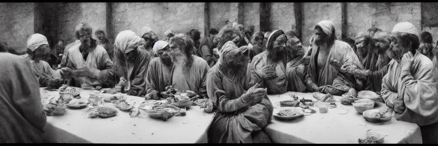 Prompt: Award Winning Editorial 84° wide-angle picture of a Tramps with bowed heads in a Soup Kitchen by David Bailey and daVinci, called 'The Last Supper', 85mm ND 5, perfect lighting, gelatin silver process