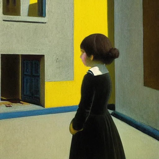 Prompt: a painting of a little girl with short black hair and wearing a yellow coat far away alone in the inner courtyard of an abbey by hopper and de chirico