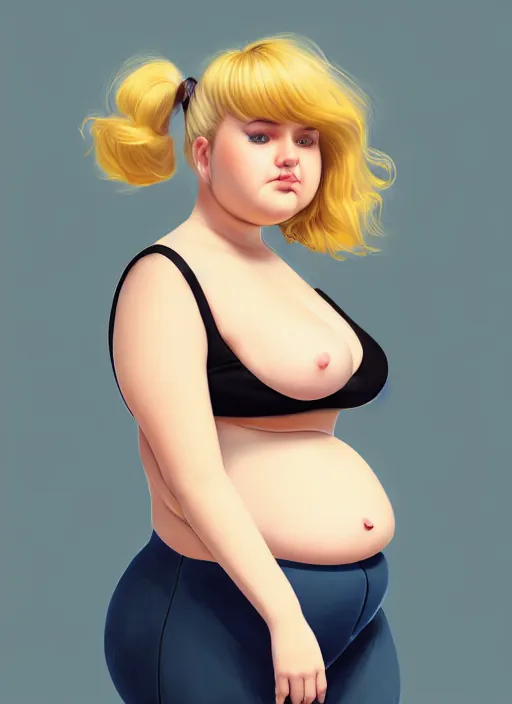 Image similar to full body teenage betty cooper, blonde hair, obese, bangs, ponytail, sultry, realistic, sultry smirk, ponytail, fluffy bangs, curly bangs, fat, belly, beautiful girl, intricate, elegant, highly detailed, digital painting, artstation, concept art, smooth, sharp focus, illustration, art by wlop, mars ravelo and greg rutkowski