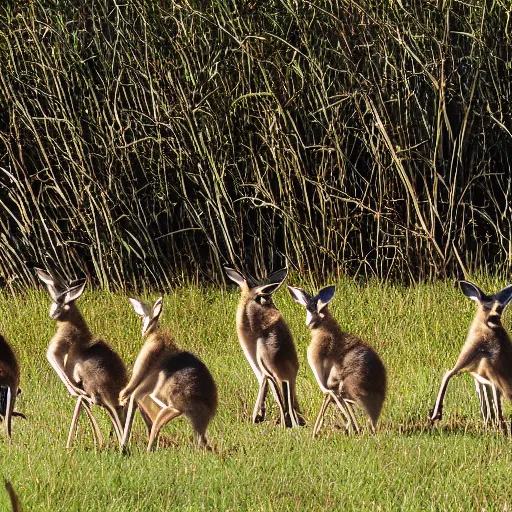 Prompt: Hundreds of kangaroos linked together, their ears standing straight up on top of their heads and tails wagging as they stand in the tall grasses along the river bank. Their claws beckon to us from underneath their feet, ready to handle any threat. They are, without a doubt, the most dangerous thing we've ever seen in our lives.