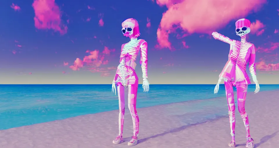 Image similar to fullbody vaporwave art of a fashionable skeleton girl at a beach, early 90s cg, 3d render, 80s outrun, low poly, from Hotline Miami