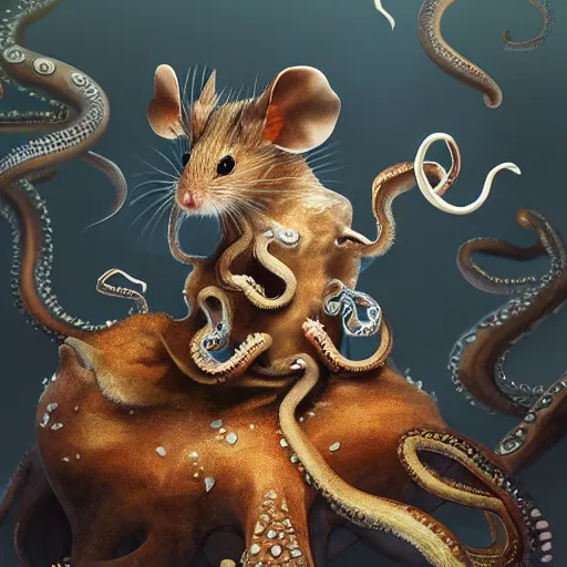 Image similar to a field mouse sitting besides an octopus, octopus in tank, mouse in box, well composed, best on artstation, cgsociety, epic, stunning, gorgeous, detailed, wow, masterpiece