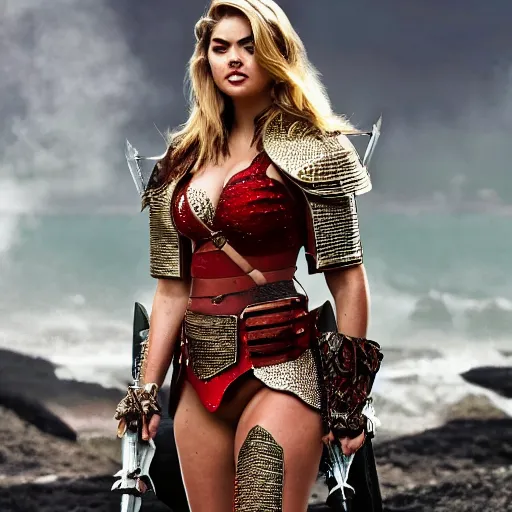 Prompt: full shot of kate upton as a warrior with ruby encrusted armour