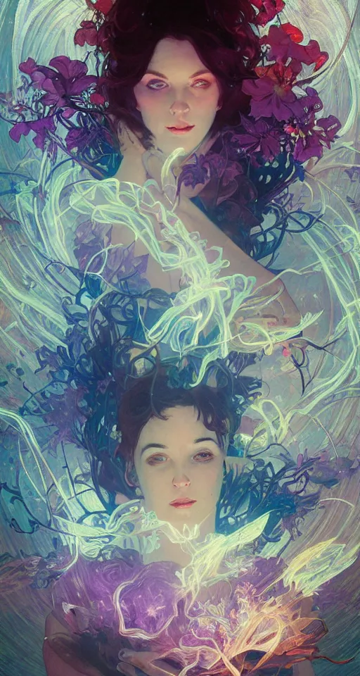 Image similar to she dreams of arcs of purple flame intertwined with glowing sparks, glinting particles of ice, dramatic lighting, steampunk, bright neon, secret holographic cyphers, red flowers, solar flares, high contrast, smooth, sharp focus, intricate art by alphonse mucha and greg rutkowski and ruan jia