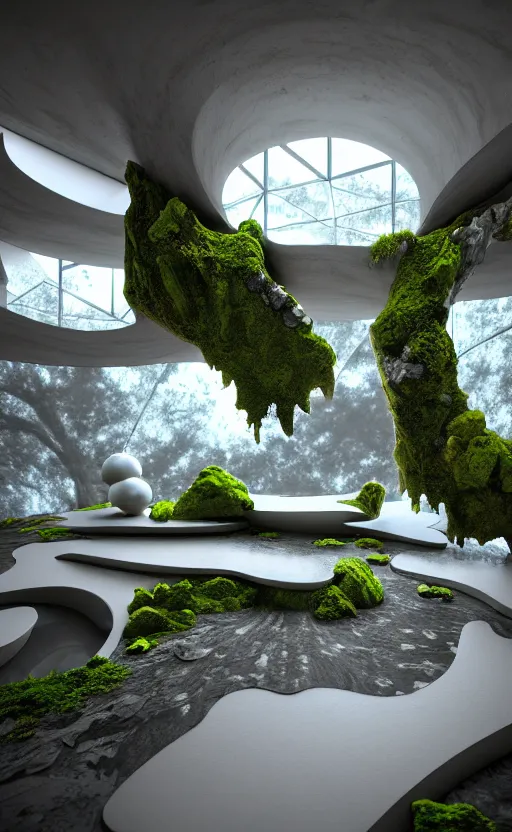 Image similar to highly detailed ultra sharp 3 d render villa interior cinematic composition of a smooth ceramic porcelain biomorphic magnolia stone nebula fluid fractal sci - fi surreal architecture landscape, granite, metallic, magnesium, marble, moss and lichen, vincent callebaut composition, mamou - mani, archviz, beautiful lighting, 8 k, unreal engine, hdr,