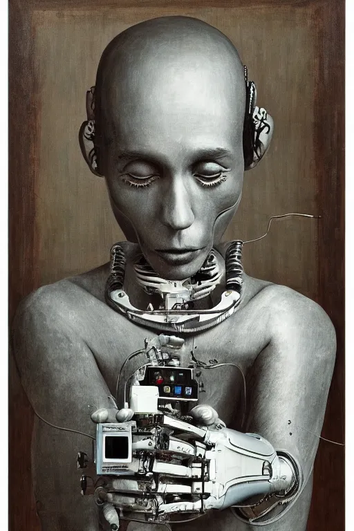 Prompt: robot monk painting a self - portrait on a canvas. intricate, highly detailed, photorealistic, film still, by gustav kilmt.