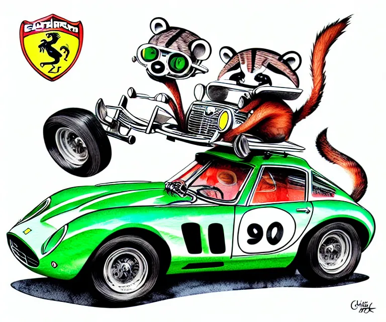 Image similar to cute and funny, racoon wearing a helmet riding in a tiny 1 9 6 2 ferrari 2 5 0 gto, ratfink style by ed roth, centered award winning watercolor pen illustration, isometric illustration by chihiro iwasaki, edited by range murata