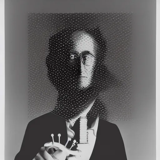 Image similar to a minimalist portrait of Marcel Duchamp holding computer cables and chess piece in the style of Alfredo Jaar, Richard Avedon, Irving Penn, Hito Steyerl, Akira Kurosawa, Shinya Tsukamoto, wide angle, monochrome, futuristic tetsuo