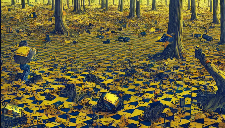 Image similar to safety cones scattered around an oak tree forest, checkered floor, by james jean by ilya kuvshinov kintsugi, hyper detailed surrealist painting