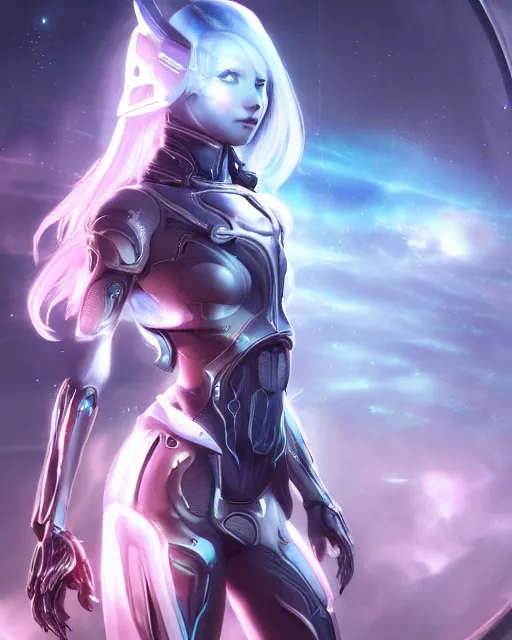 Image similar to perfect android girl on a mothership, warframe armor, beautiful face, scifi, futuristic, galaxy, nebula, bae suzy, dreamy, long white hair, blue cyborg eyes, sharp focus, cinematic lighting, highly detailed, artstation, divine, by gauthier leblanc, kazuya takahashi, huifeng huang