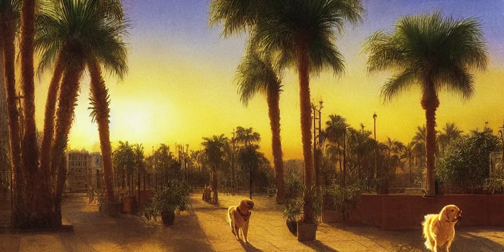 Image similar to golden retriever dog walking in tel aviv street looking at the camera. palm trees. realistic. sunset. high quality. digital art. watercolor. highly detailed. drawing. art. colorful. fluffy art by albert bierstadt