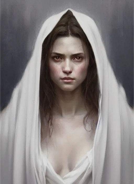 Image similar to portrait of angel in white robes. realistic shaded lighting poster by greg rutkowski, artgerm, jeremy lipkin and michael garmash, rob rey and kentaro miura style, trending on art statio. highly detailed, symmetrical face.
