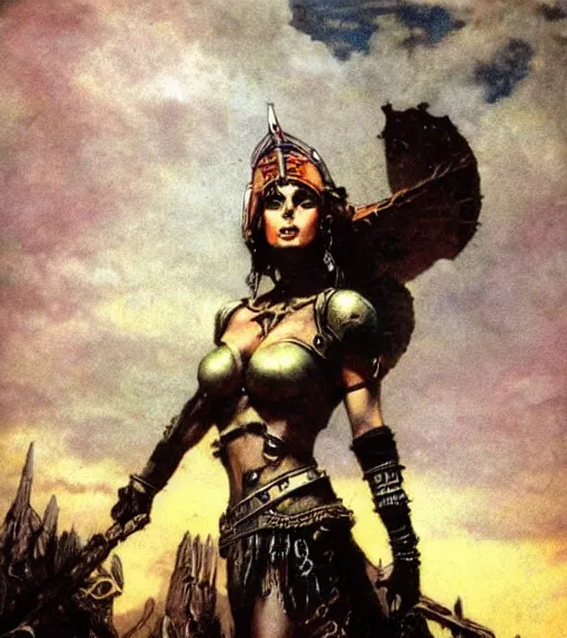 Prompt: mighty princess of the wasteland, scrap metal headdress, ominous ruins, strong line, deep color, cloudy sky, beautiful! coherent! by brom, by frank frazetta,