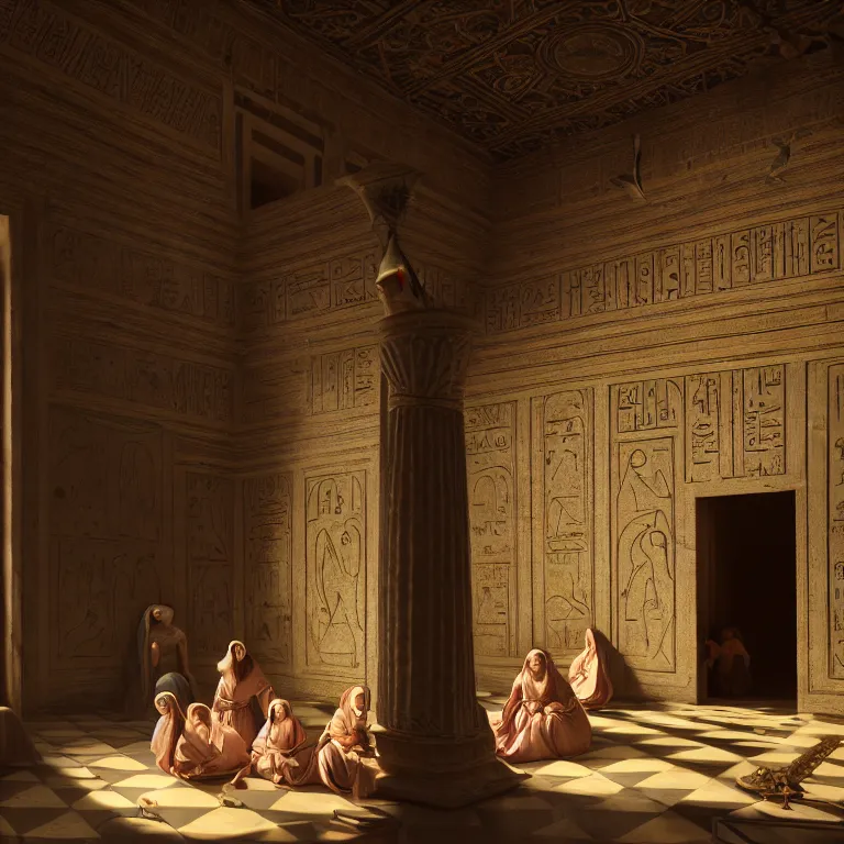 Prompt: Las Meninas but in ancient Egypt, dream-like atmosphere, symmetrical baroque painting, perfect composition, beautiful detailed intricate insanely detailed octane render trending on Artstation, 8K artistic photography, photorealistic, soft natural volumetric cinematic perfect light, chiaroscuro, award-winning photograph, masterpiece, Raphael, Caravaggio, Greg Rutkowski, Beeple