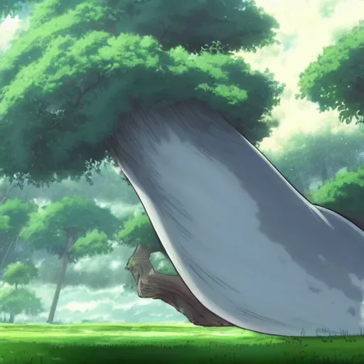 Image similar to big white whale flying near giant tree in the green field, anime, HD,