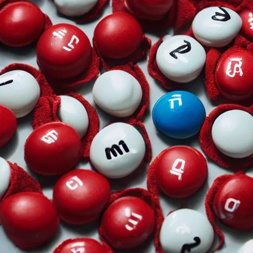 Image similar to a single red m & m candy with white arms and legs, a red sphere