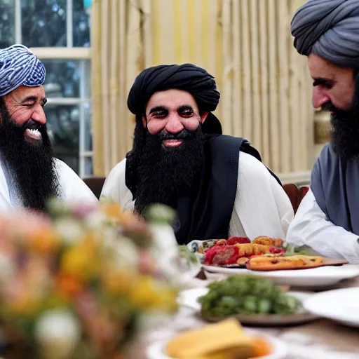 Image similar to 4 k hdr portrait wide angle photo of president joe biden as a taliban muslim leader with a beard laughing at a dinner table meeting surrounded by taliban terrorist leaders