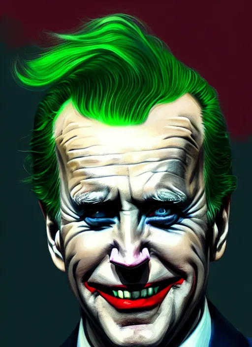 Image similar to portrait of joe biden as the joker, green hair, intricate, elegant, glowing lights, highly detailed, digital painting, artstation, concept art, sharp focus, illustration, art by wlop, mars ravelo and greg rutkowski