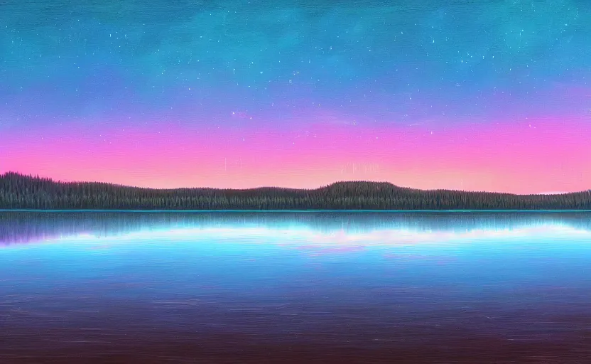 Image similar to beautiful award winning synthwave painting of a canadian lake, extreme detail, digital art, 4 k, ultra hd