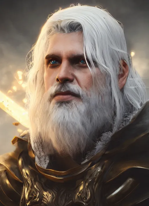Prompt: An epic fantasy comic book style portrait painting of a Aasimar hexblade Warlock with white hair, scruffy beard, unreal 5, DAZ, hyperrealistic, octane render, cosplay, RPG portrait, dynamic lighting