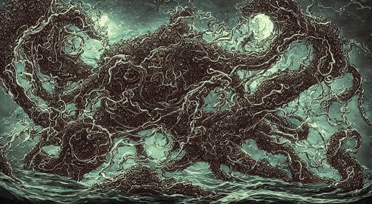 Image similar to esoteric kraken like monster who lives under a lake of methane who controls robots