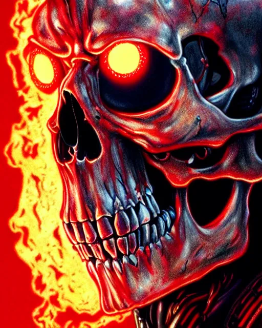 Prompt: red fiery eyes spawn - terminator skull - ghost rider - hybrid, supervillains, intricate artwork, concept art, eyes octane render, deviant art, cinematic, key art, hyperrealism, iridescent accents, portrait photograph, in hell, nikon 3 5 mm, ridley scott, moebius, dan mumford, jim lee