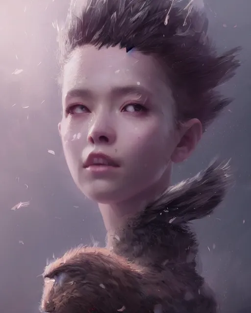 Prompt: A portrait of an adorable female creature by Greg Rutkowski, Sung Choi, Mitchell Mohrhauser, Maciej Kuciara, Johnson Ting, Maxim Verehin, Peter Konig, final fantasy, 8k photorealistic, cinematic lighting, HD, high details, dramatic, dark atmosphere, trending on artstation